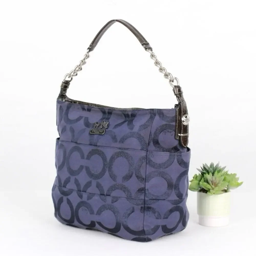 Coach Navy Blue Glitter Signature C Canvas Leather Shoulder Bag